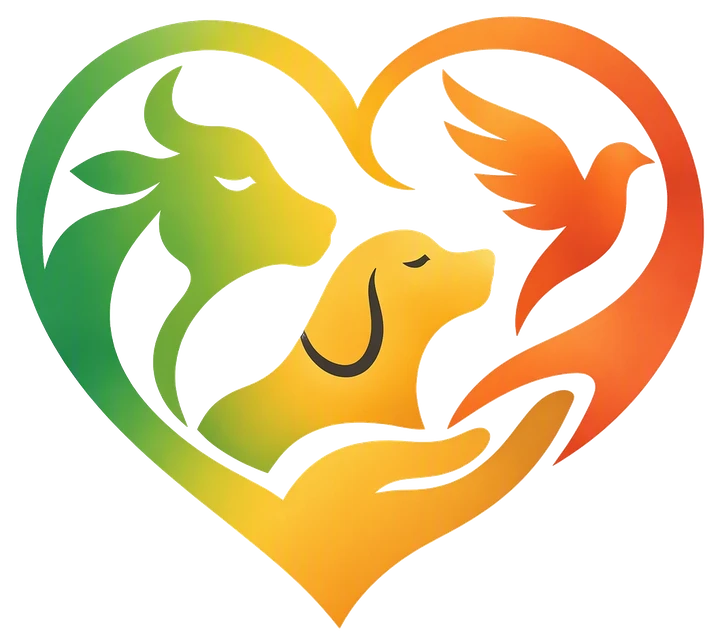 Our logo: a heart holding a cow, a dog and a bird, cradled by a hand